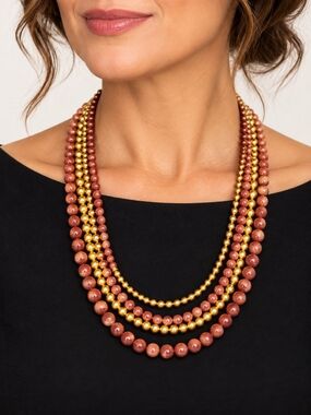 Vintage Georgiou 4 Strand Beaded Necklace Red Brown Gold Statement Quiet Luxury
